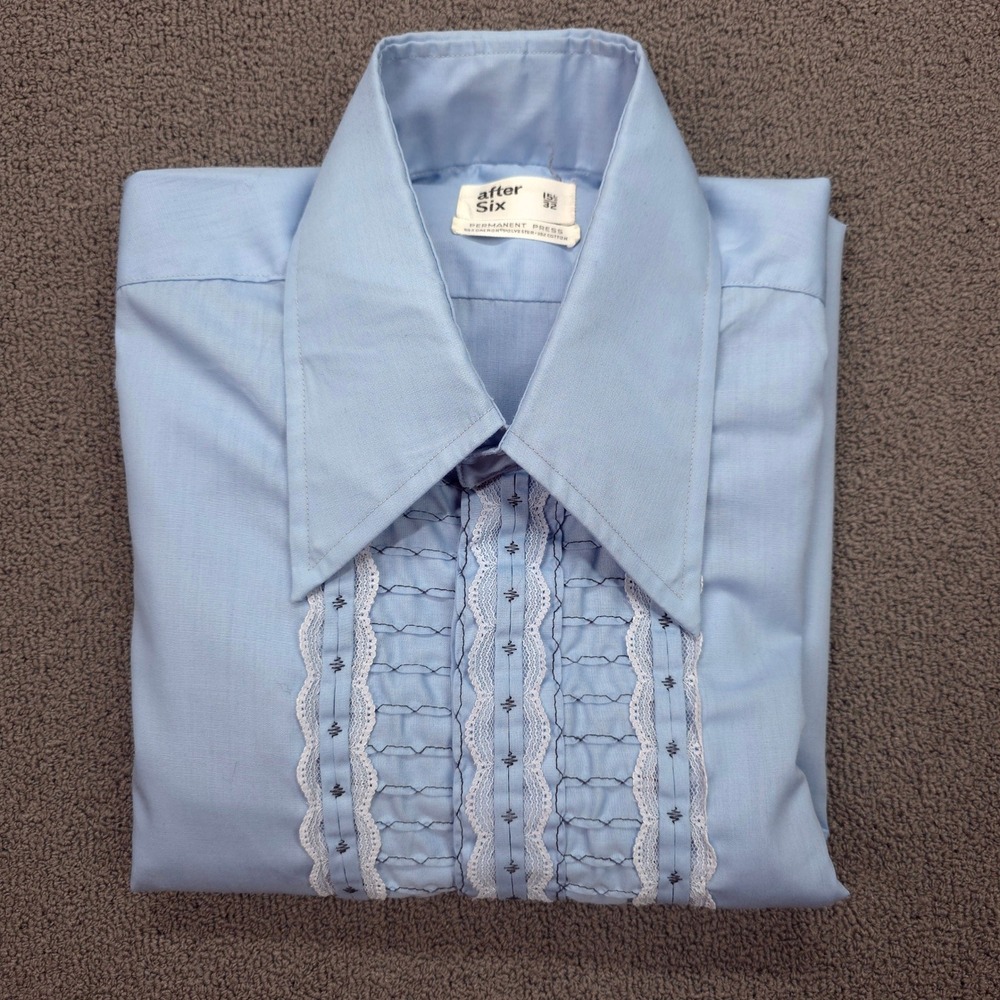 After Six Mens Vintage 70s Ruffle Tuxedo Shirt Blue Lace Trim 15.5 x 32 - Picture 5 of 9